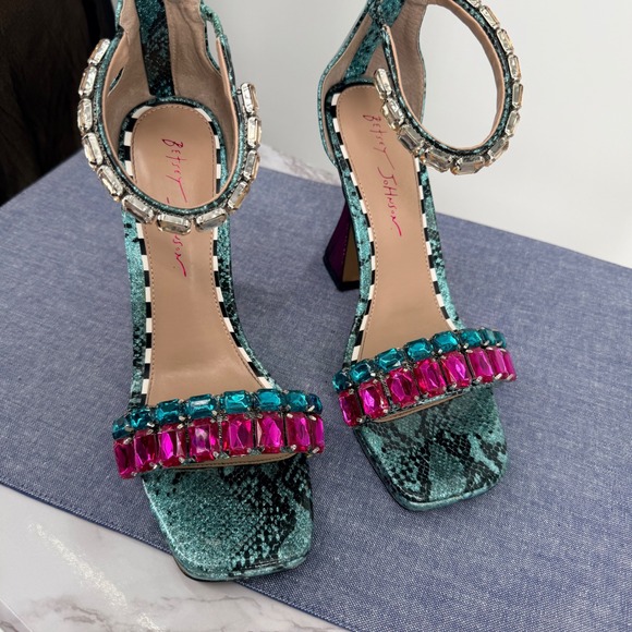 Betsy Johnson Emani 8M Rhinestone Snake Print Heels Square Toe Ankle Strap Prom - Picture 2 of 9